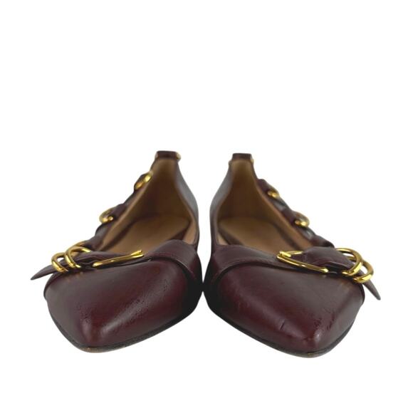 Gianvito Rossi Burgundy Leather Pointed Toe Buckle Strap Slip On Ballet Flats 9 - Picture 2 of 7